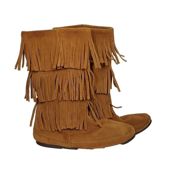 Minnetonka 3 Layer Fringe Moccasin Boots 9 Brown Suede Mid Calf Boho Hippie - Picture 1 of 13